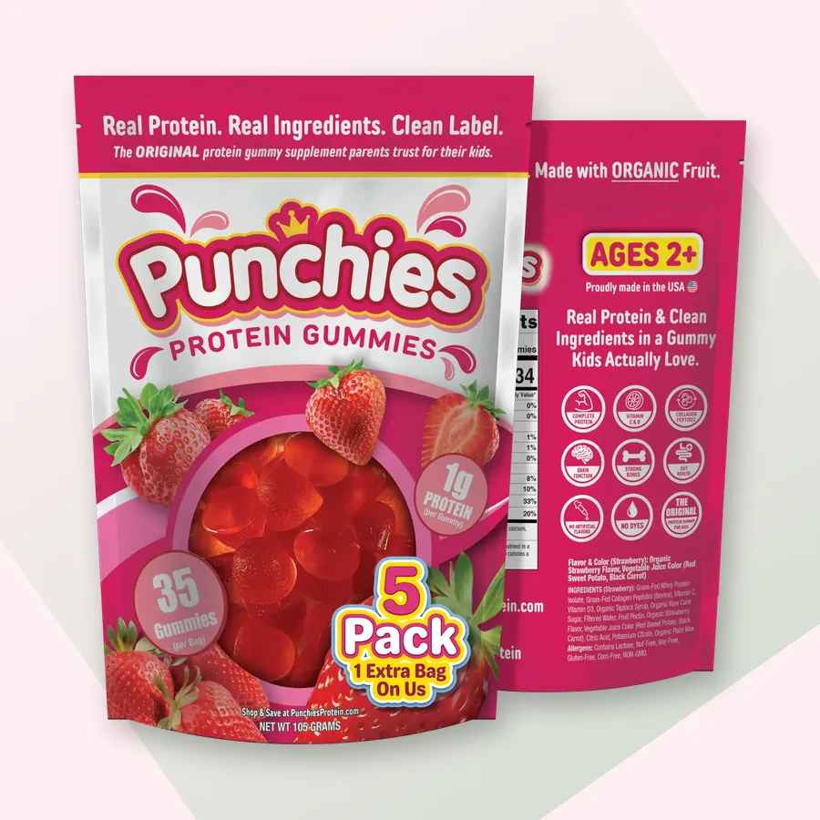 Strawberry protein: Punchies strawberry protein gummies, 5-bag pack