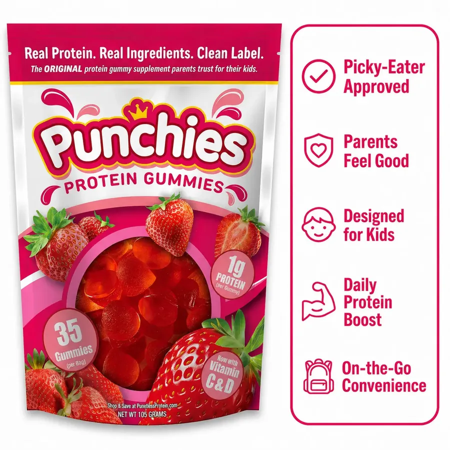Strawberry protein: Punchies strawberry protein gummies bag with label callouts