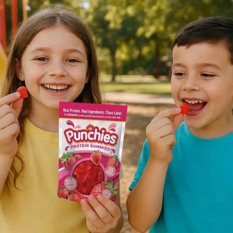 Strawberry protein: two kids snacking on Punchies protein gummies
