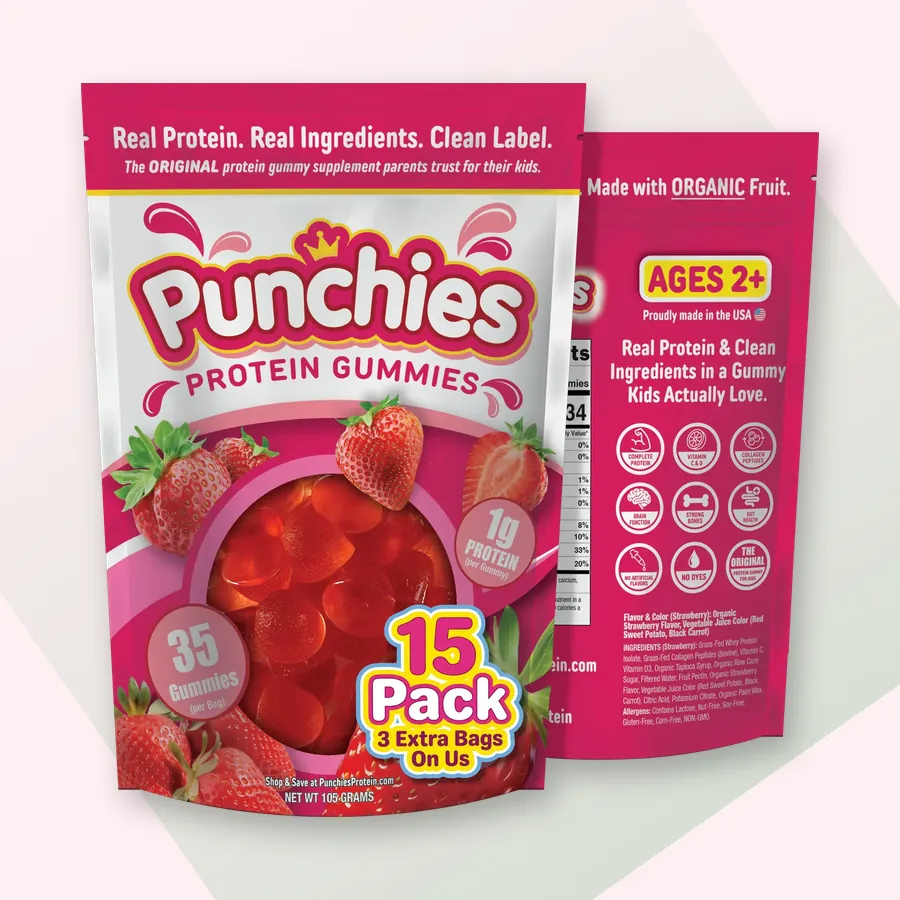 Strawberry protein: Punchies strawberry protein gummies, 15-bag pack
